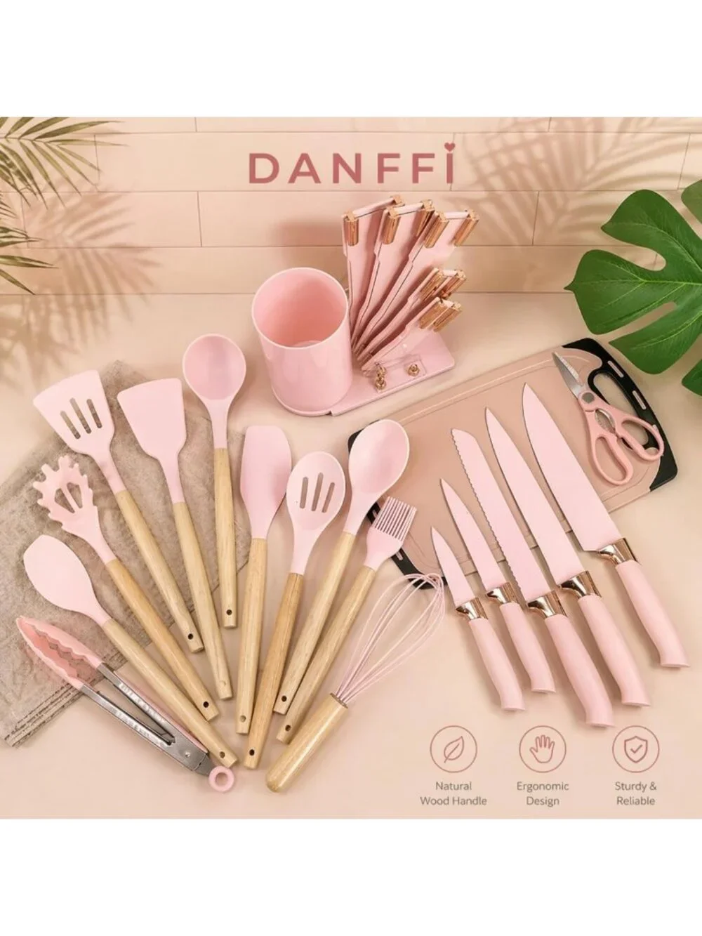 19-Piece Pink Kitchen Utensils Set - Silicone Tools, Wooden Handles, BPA-Free